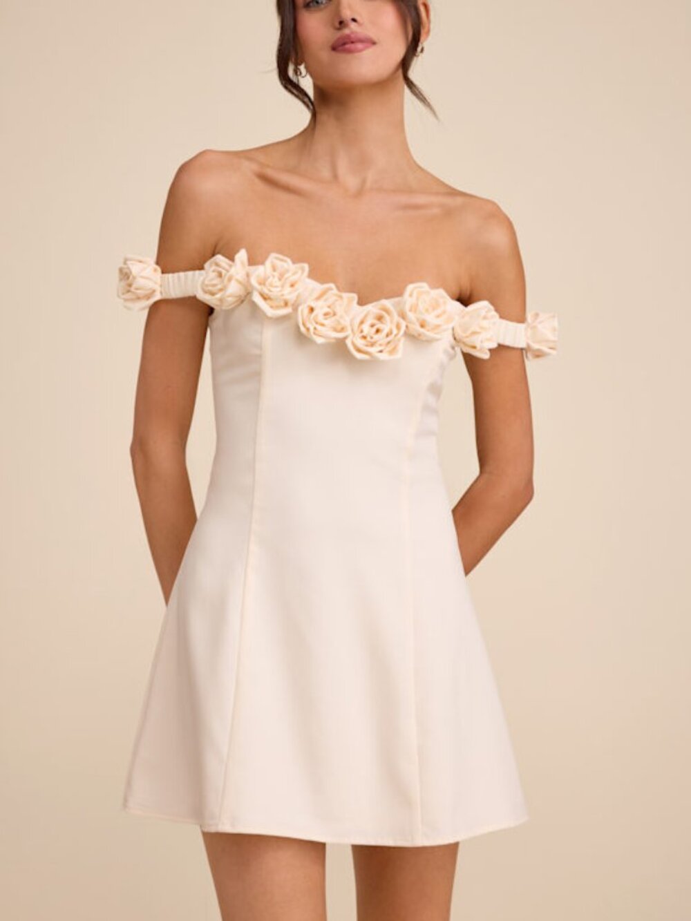 Lulus Gracen Ivory Rosette Off-the-shoulder Skater Mini Dress White - Size L